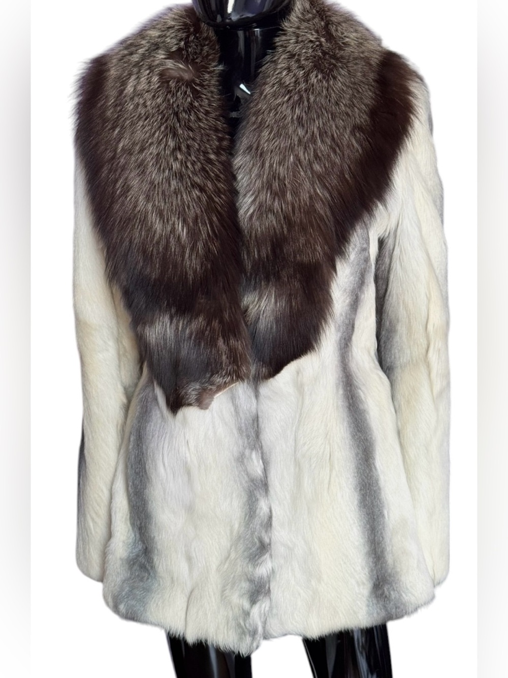 Luxury White and Brown Silver  Goat Fur Coat with Indigo Fox Fur Collar
